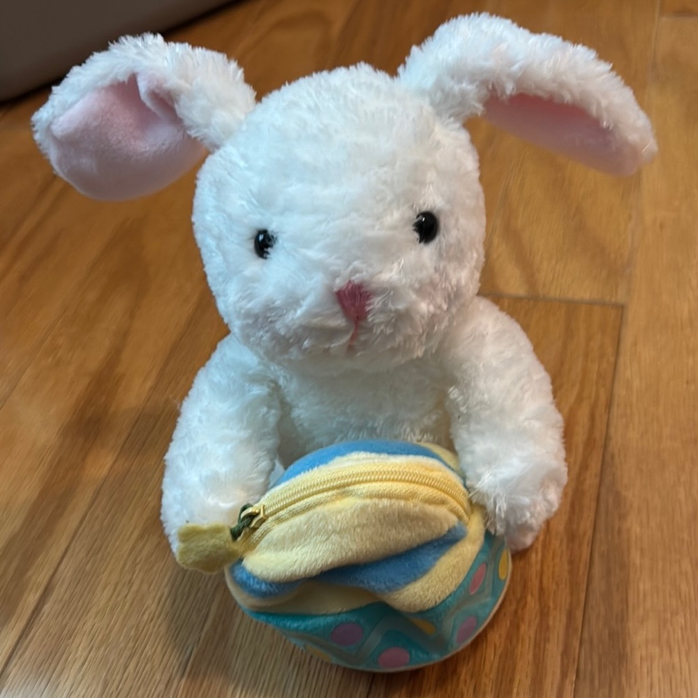 Hallmark Plush White Bunny with Yellow and Blue Zippered Easter Egg Hunt Pouch